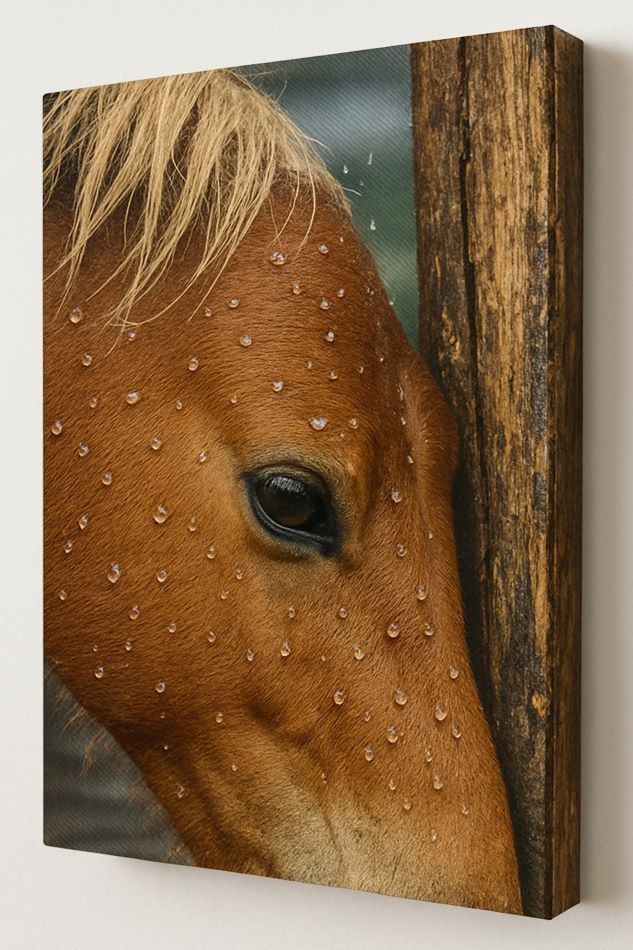 תמונת סוס מתוחה על מסגרת עץ